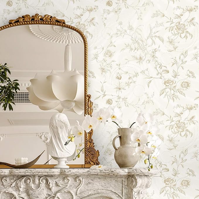 Ismoon Peel and Stick Wallpaper Floral Vintage Stick on Wall Paper Beige French - Image 2