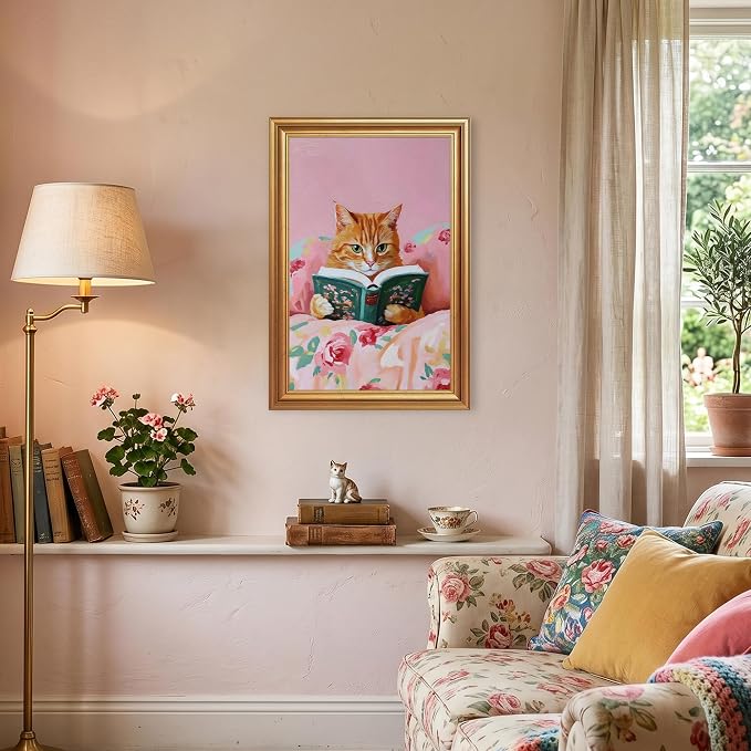 Fantasy Artists Gold Framed Wall Art Prints, Cute Orange Cat Reading a Green - Image 2