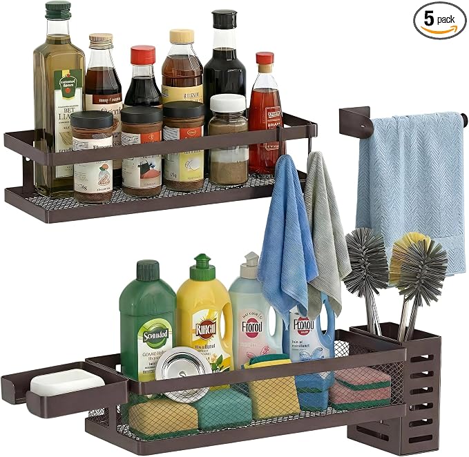 PUSDON 5-in-1 Shower Caddy & Kitchen Organizer Set, Wall Mount Wide Spice Rack by PUSDON