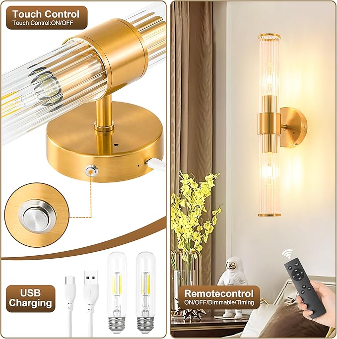 Morauroral Gold Battery Operated Wall Sconces Set of Two, Rechargeable Wall - Image 6