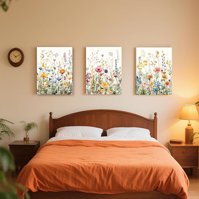 WRFON Wildflower Canvas Wall Art Set of 3, Unframed Botanical Floral Watercolor - Image 3