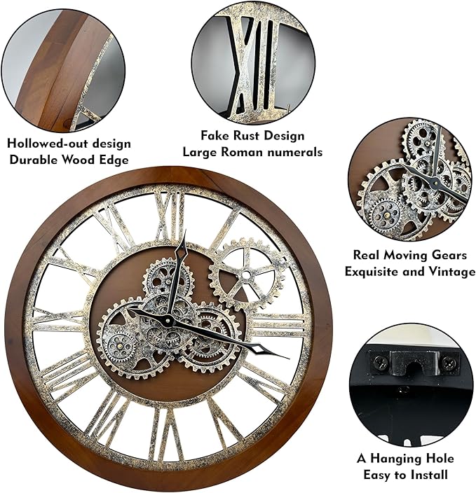 The B-Style Large Wall Clock 24 inch Moving Gear Wall Clock Oversized Vintage - Image 3