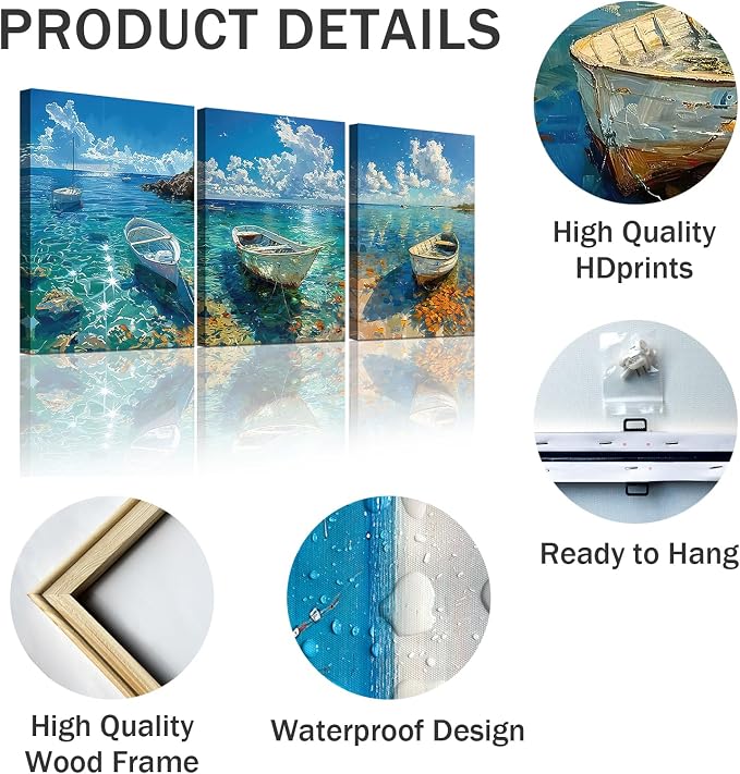 weiyiart Beach Decor Canvas Wall Art Blue Ocean Boat on the Sea Print Painting - Image 3