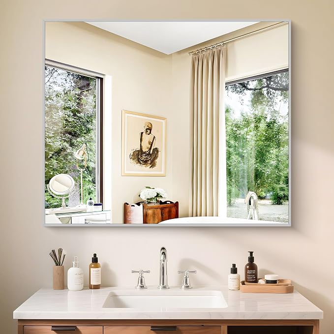 KOCUUY Silver Framed Mirror, HD Tempered Glass, Anti-Rust Frame, Modern Design - Image 2