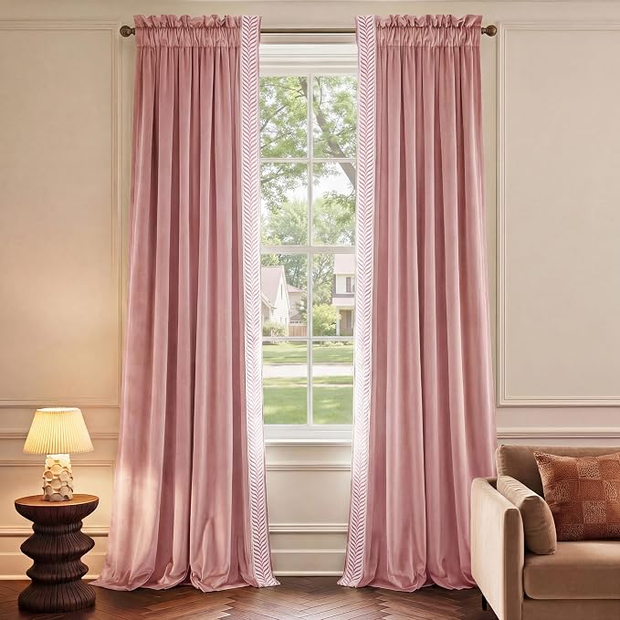 NICETOWN Rod Pocket Embroidered Trim Velvet Curtains, 2 Panels, Blush Pink - Image 5