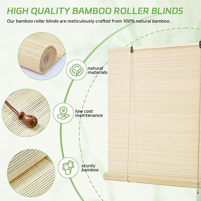 Bamboo Roll Up Shades for Windows 32Wx72L, Light Filtering Hanging Window Blinds - Image 4