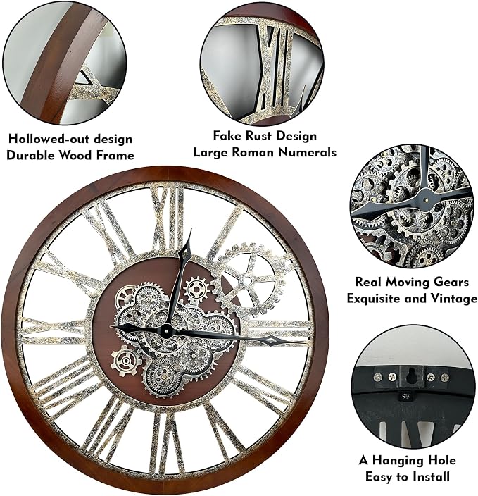 The B-Style Large Real Moving Gears Wall Clock 30 inch Rustic Retro Industrial - Image 3