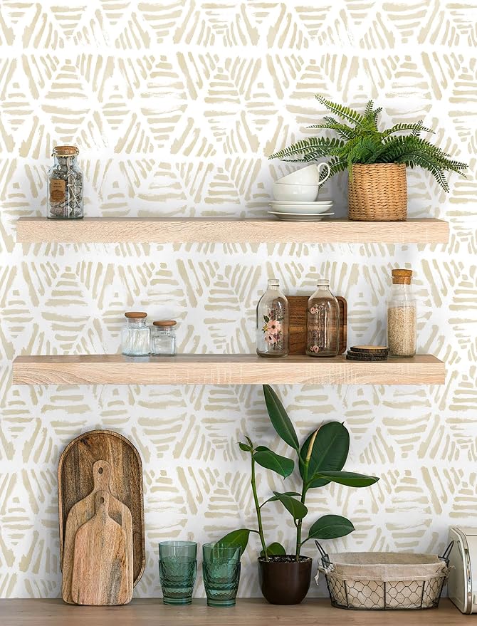 Peel and Stick Wallpaper Boho Wall Paper Geometric Beige and White Contact - Image 6