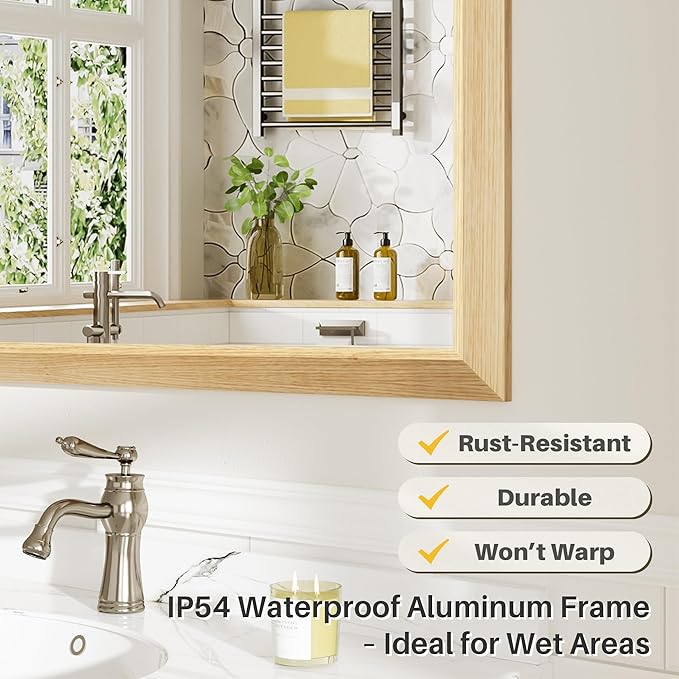 48x32 Inch Bathroom Mirror for Wall, Anti-Rust Oak Wood Grain Metal Framed - Image 4