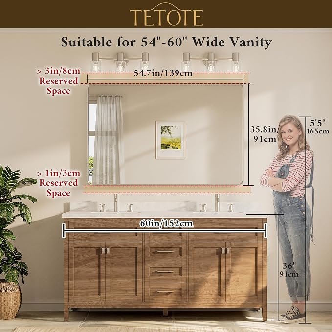 TETOTE 55 x 36 Inch Bathroom Mirror, Brushed Brass Gold Vanity Mirror, Modern - Image 8