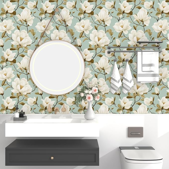 Modern Green White Flowers Wallpaper Blue Floral Peel and Stick Contact Paper - Image 8