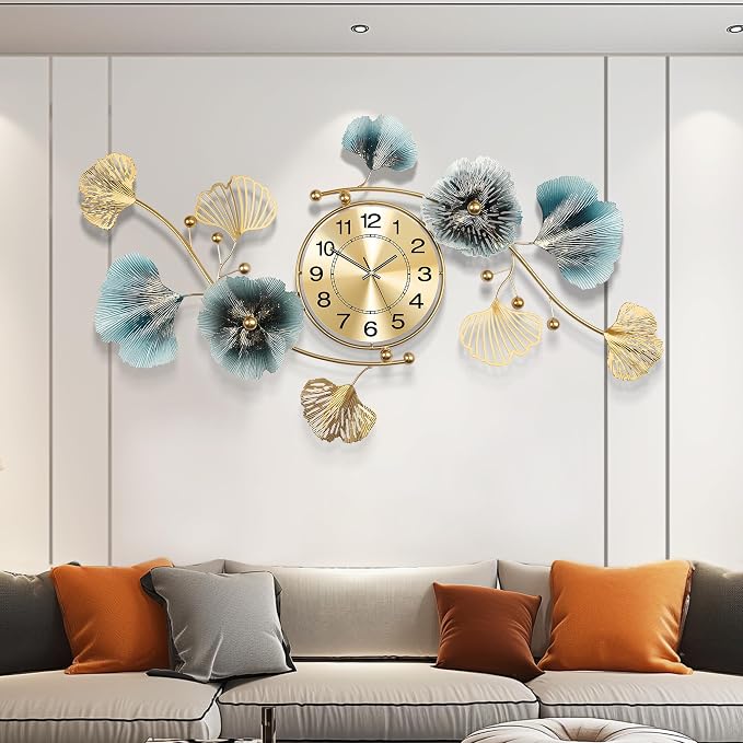 Wall Clocks for Living Room Decor, Large Wall Clock, 3D Creative Metal Ginkgo by Axioglo