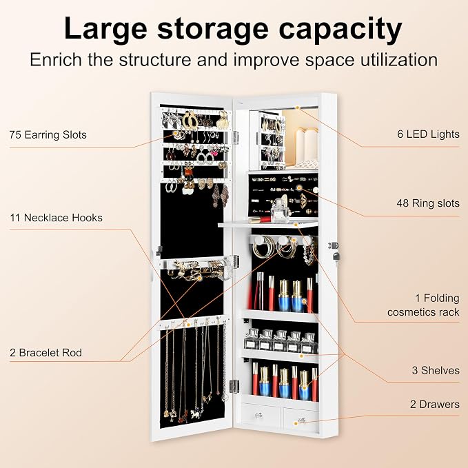 Mirror Jewelry Cabinet, Wall/Door Mounted Jewelry Armoire - Image 4