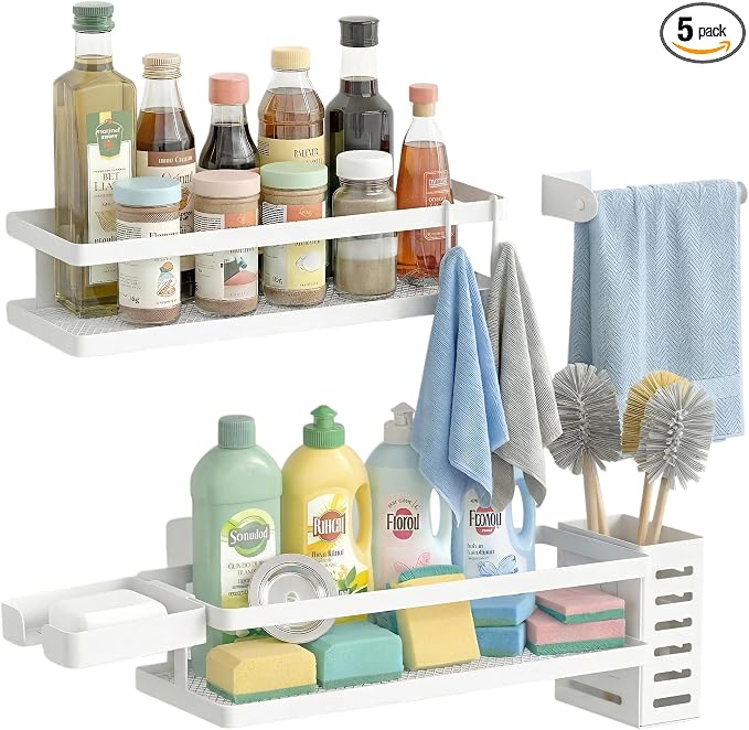 PUSDON 5-in-1 Shower Caddy & Kitchen Organizer Set, Wall Mount Wide Spice Rack by PUSDON