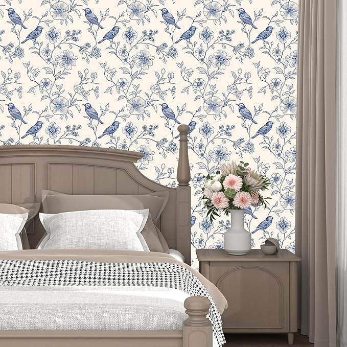 Beige Wallpaper Peel and Stick Blue Floral Bird Vintage Contact Paper 17.5" x - Image 3