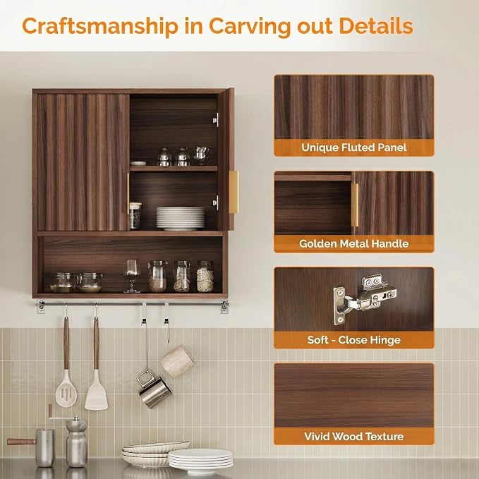 VINGLI Bathroom Wall Cabinet, Walnut Fluted Medicine Cabinet - Image 9