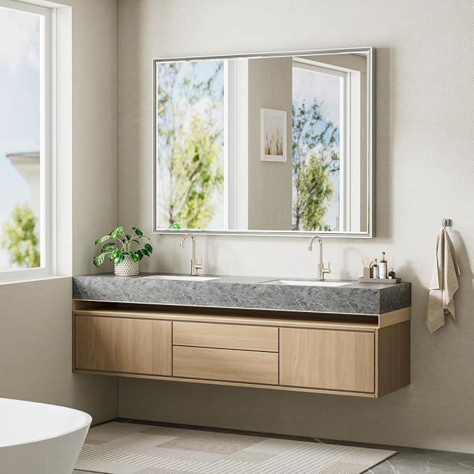 48 x 36 Silver Bathroom Mirror, Large Beveled Silver Bathroom Vanity Mirror - Image 6