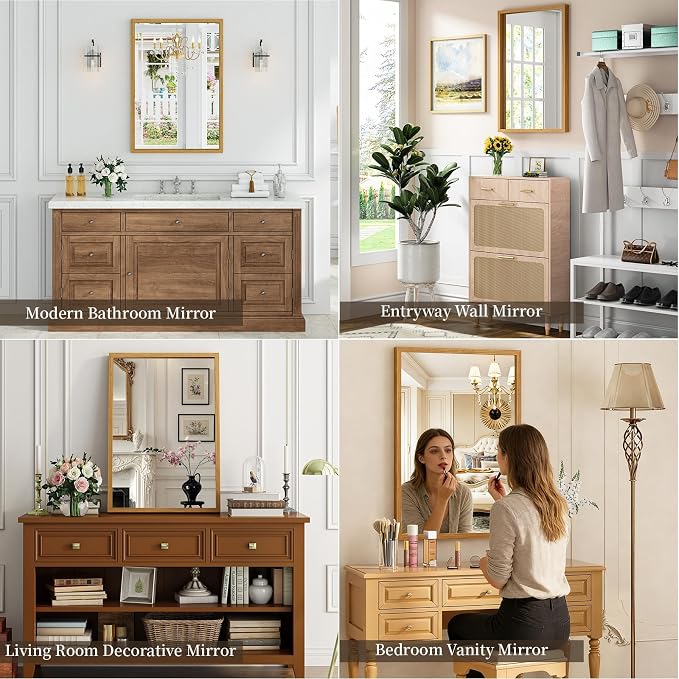 Syndra Natural Wood Frame Bathroom Mirror, 24x36'' Modern Vanity Mirror - Image 5