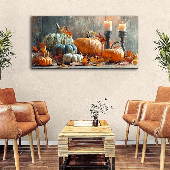 Farmhouse Kitchen Decor Pumpkin Wall Decor Maple Leaves Painting White Orange - Image 3