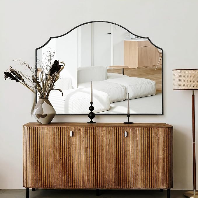Besdomus Black Scalloped Wall Mirror: 40"x29" Large Modern Wooden Arched - Image 8