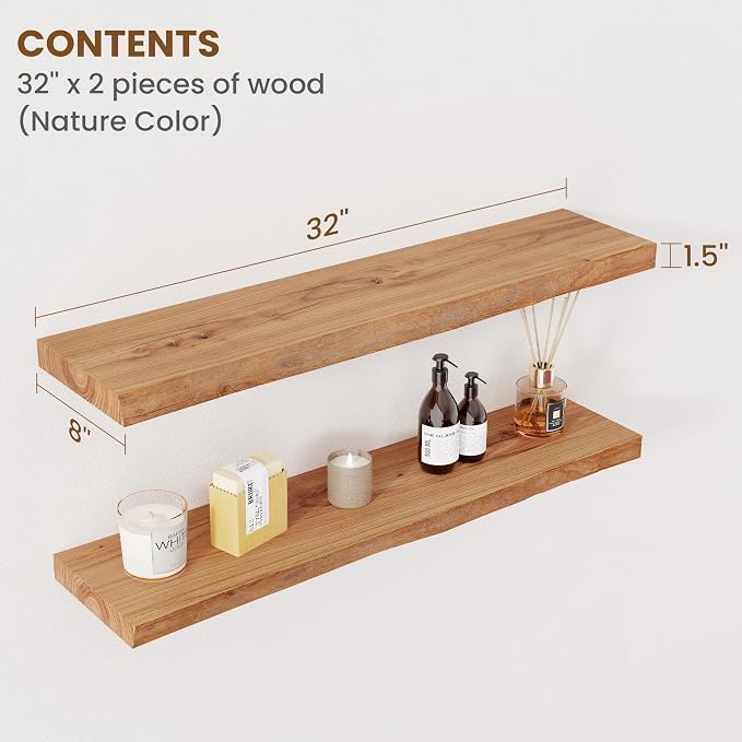 Floating Shelves for Wall Decor, Rustic Solid Elm Wood Live Edge Floating - Image 2