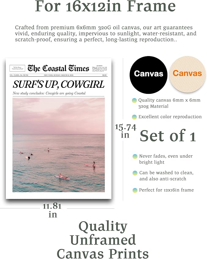 iHery Unframed Trendy Coastal Cowgirl NewsPaper Wall Art Prints, 12x16in Canvas - Image 2