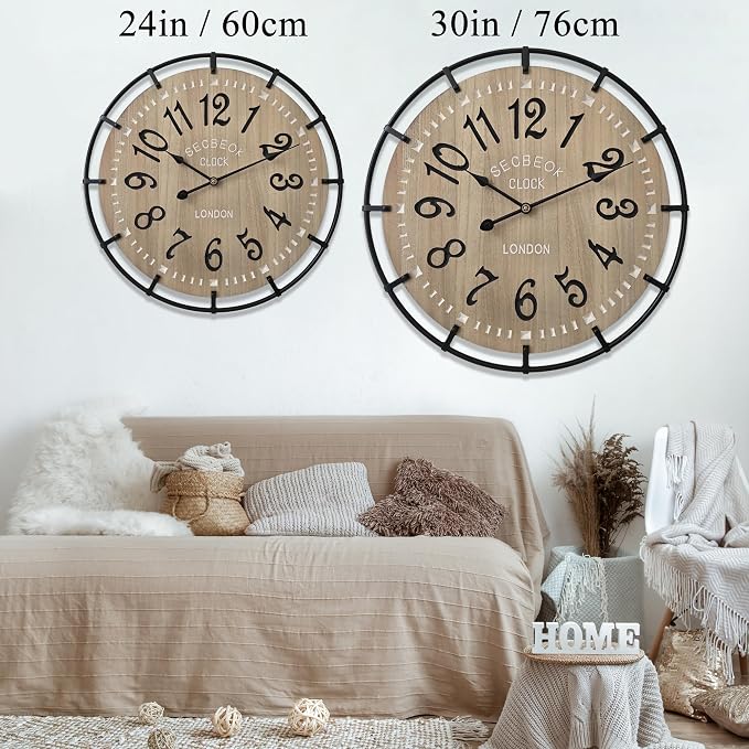 24 Inch Large Farmhouse Wall Clock, Metal Rustic Wood - Image 2
