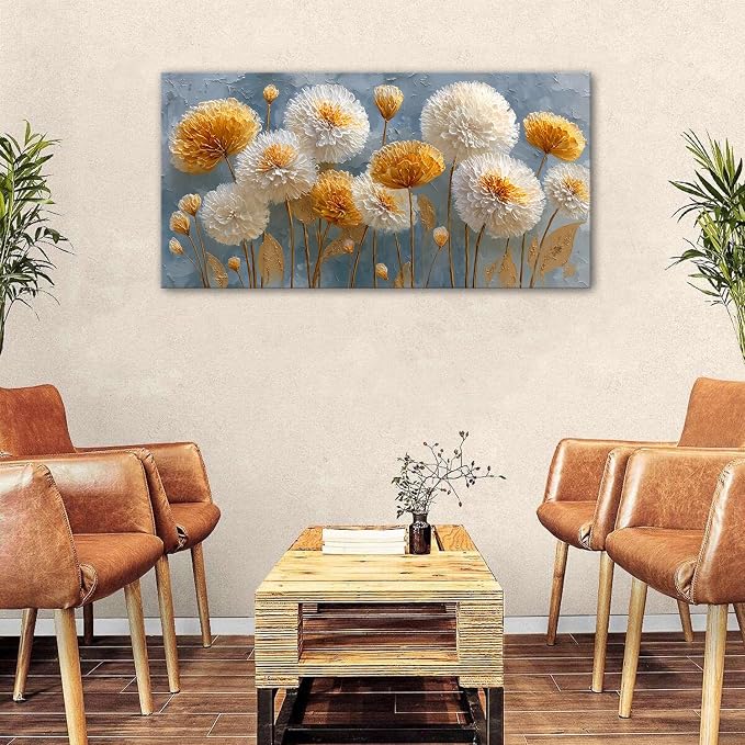 Abstract White Flower Wall Art Golden Floral Pictures Wall Decor Neutral - Image 3