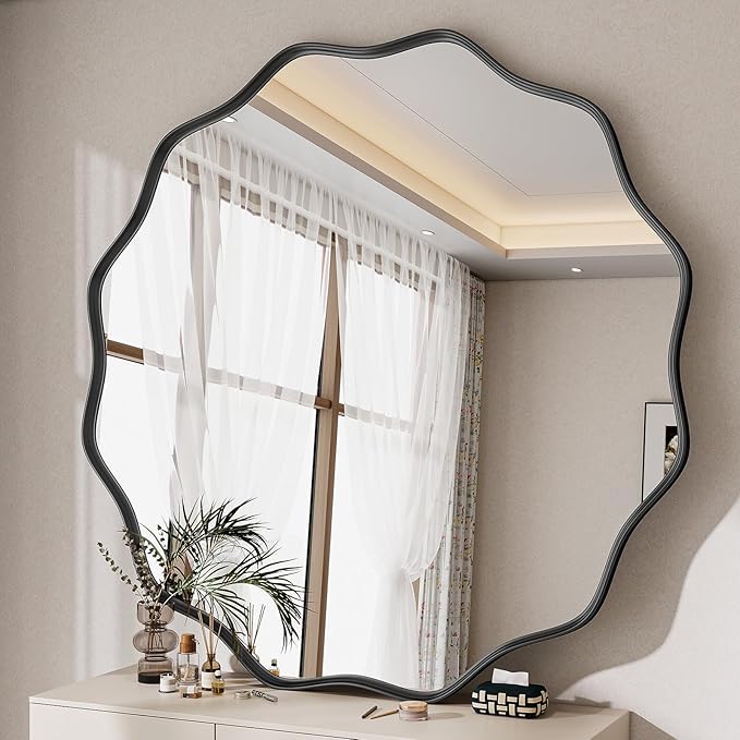 Wavy Round Mirror, 42 Inch Large Metal Frame Circle Mirror, Wall Mounted - Image 2