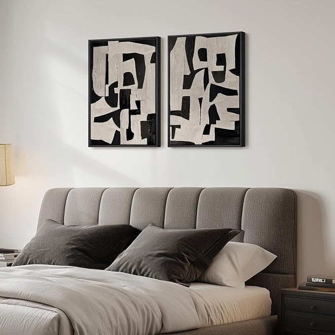 Framed Black and Beige Abstract Wall Art, 2 Piece Canvas Prints Paintings - Image 2