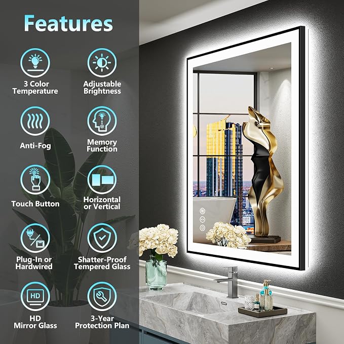 30x36 Black Framed LED Bathroom Mirror - Image 2