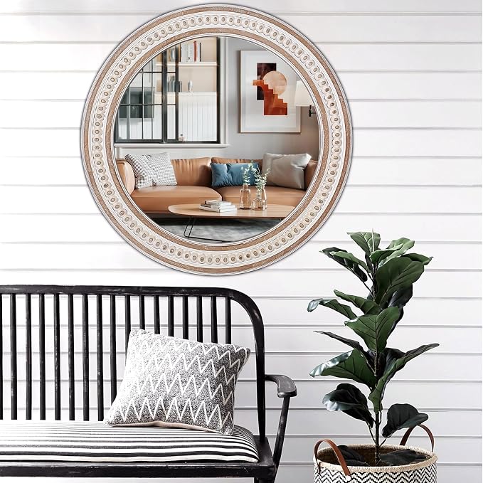 30 Inches Farmhouse Large Round Wall Mirrors Wooden, Rustic Decorative Circle - Image 4