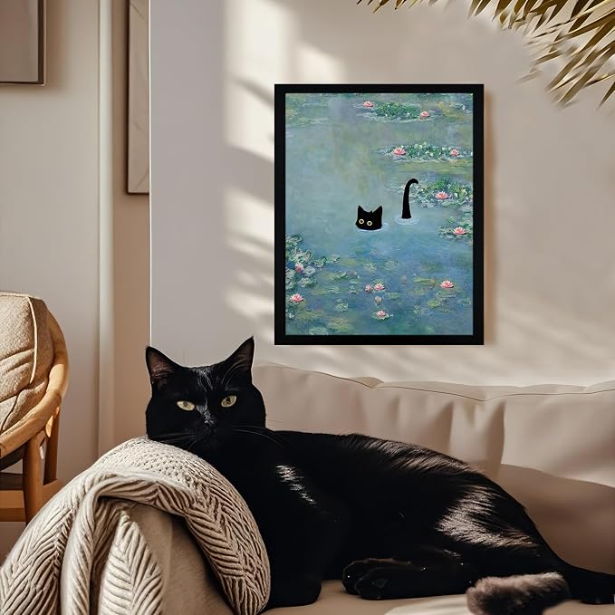 Fantasy Artists Monet Water Lilies Cat Wall Art, Framed Vintage Canvas Art Wall - Image 5