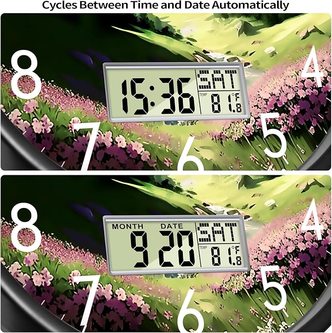 12'' Silent Non-Ticking Rustic Mountain Wildflowers Wall Clock, Battery - Image 3