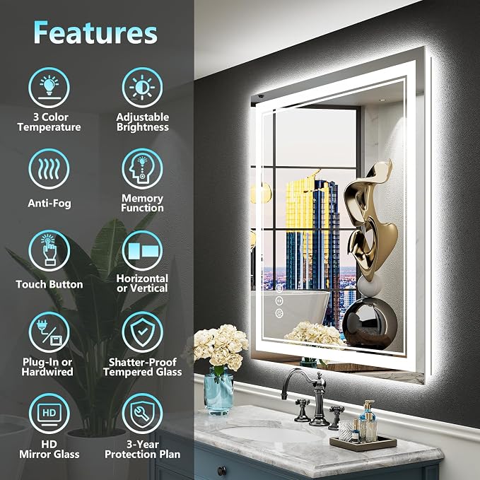 24x32 LED Bathroom Mirror with Lights, Backlit and Front Lit Anti-Fog Lighted - Image 2