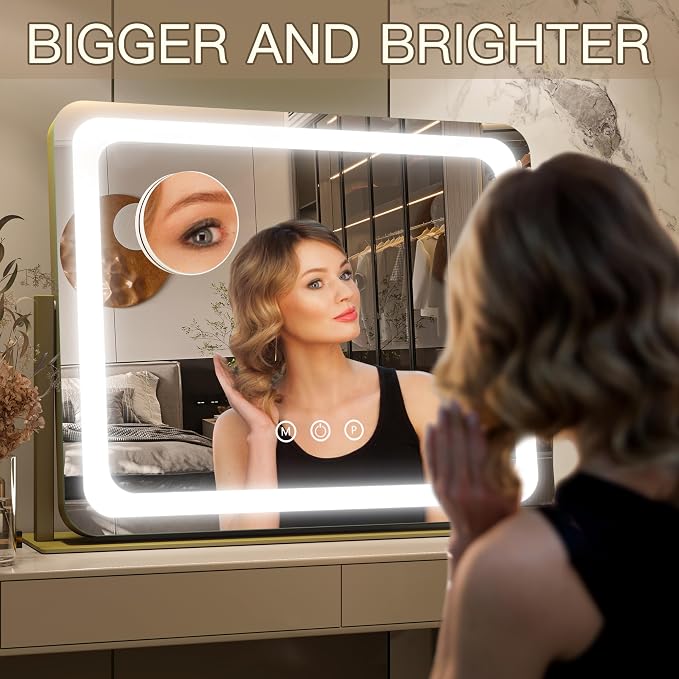 FENNIO Gold Vanity Mirror with Lights 22"x19", LED Lighted Makeup Mirror - Image 3