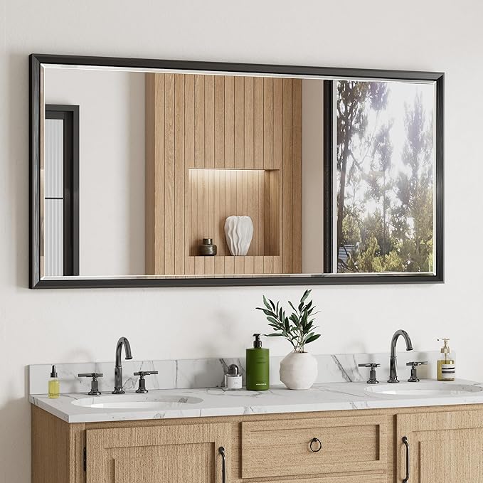 48 x 24 Black Framed Mirror for Bathroom, Beveled Black Bathroom Vanity Mirror by QUEENFUN