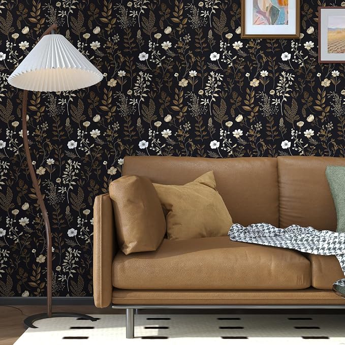 Vintage Dark Floral Wallpaper, Moody Black Leaf Botanical Removable Contact - Image 5