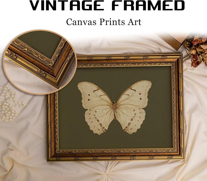 Vintage Gold Framed Wall Art Retro White Butterfly Canvas Print Dark Green - Image 5