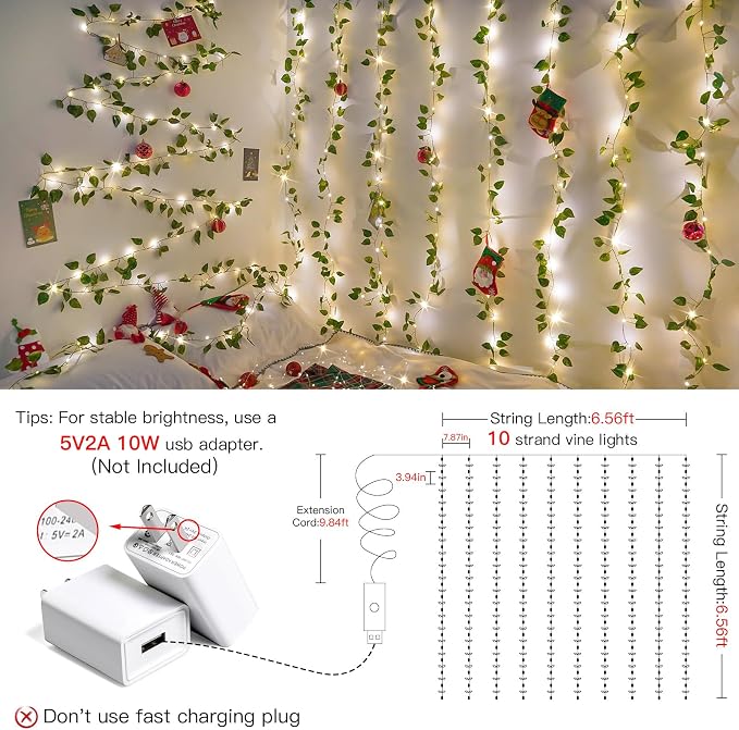 suddus Vines with Lights, 200 LED Fairy Lights with Vines, Pothos Curtain - Image 2