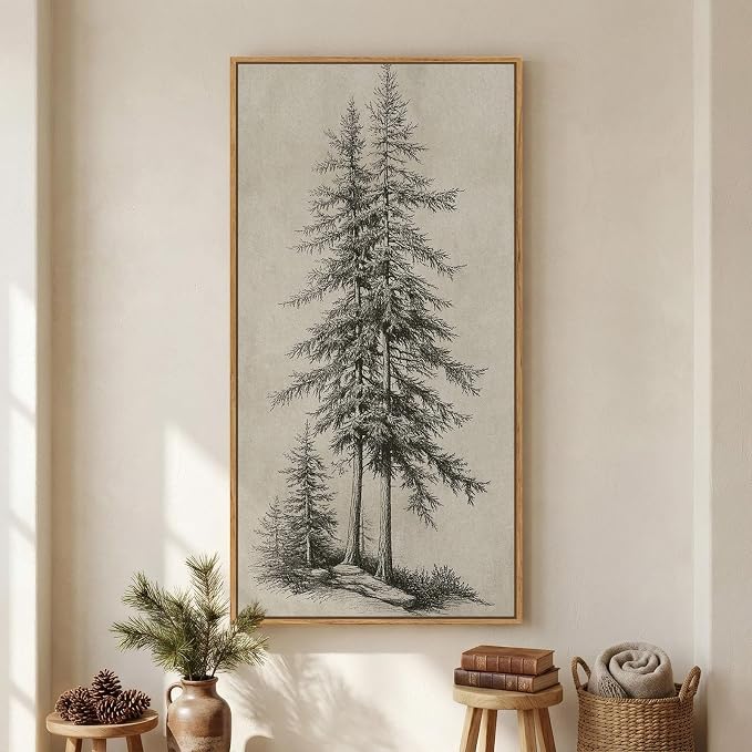 Large Framed Vertical Vintage Pine Tree Wall Art by Cuspin