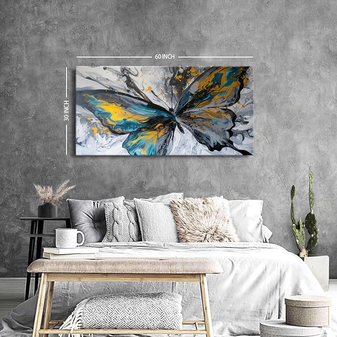 Abstract Butterfly Wall Art Teal Grey Yellow Butterfly Wall Decor Modern Marble - Image 3