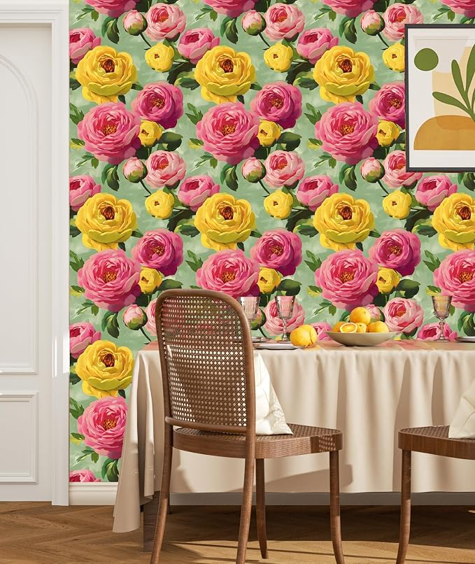 BOKEBEVE Extra Long Pink Floral Wallpaper Stick Peel Large Print Flowers - Image 3