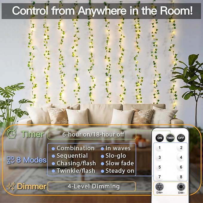 suddus 300 LED Vines with Lights Plug in, 9.8ft x 9.8ft Fairy Lights with Vines - Image 4