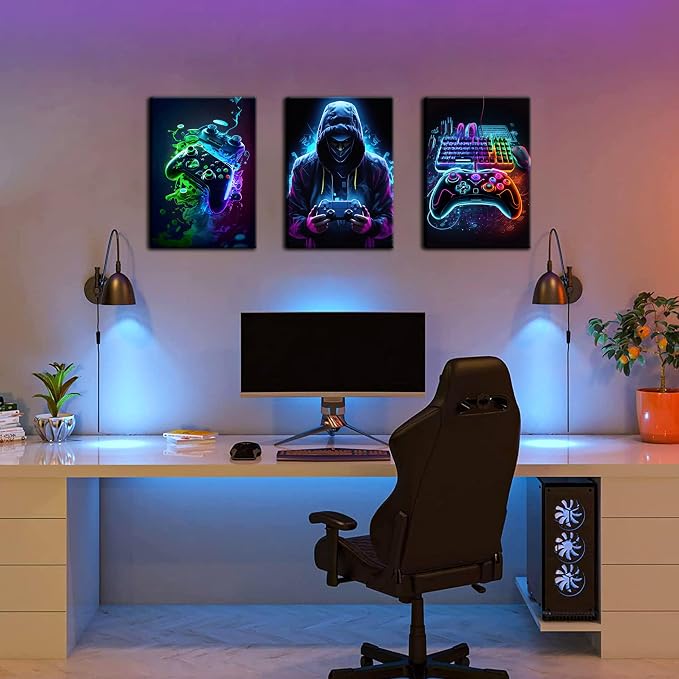 BGFCE Cool Gaming Canvas Wall Art Set of 3, Retro Video Game Watercolor Poster - Image 2