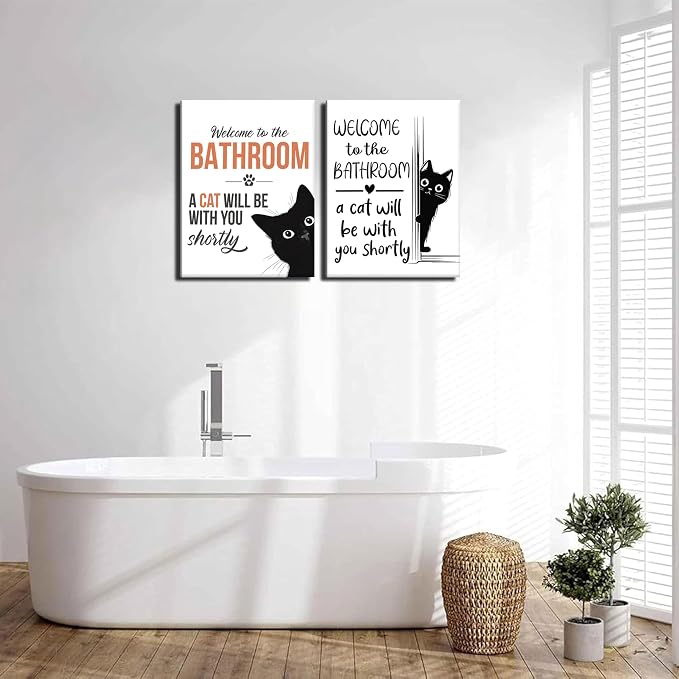 MUWAK Funny Welcome to the Bathroom Slogan Wall Art Set of 2 – Cat will Be - Image 2
