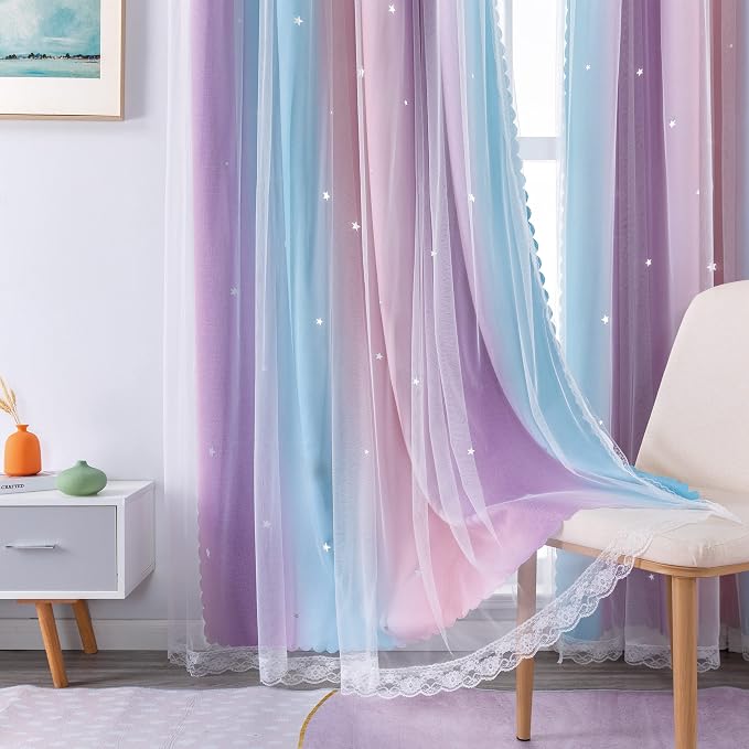 XiDi Curtains for Bedroom Decor, Rainbow Pink Purple/42/79 - Image 3