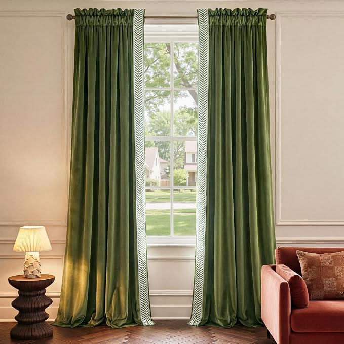 NICETOWN Rod Pocket Embroidered Trim Velvet Curtains, 2 Panels, Olive Green - Image 5