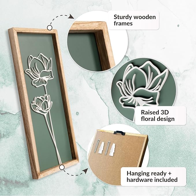 3D Floral Green Wall Art Lightweight, Wooden Ready-to-Hang Boho Framed Wall Art - Image 4
