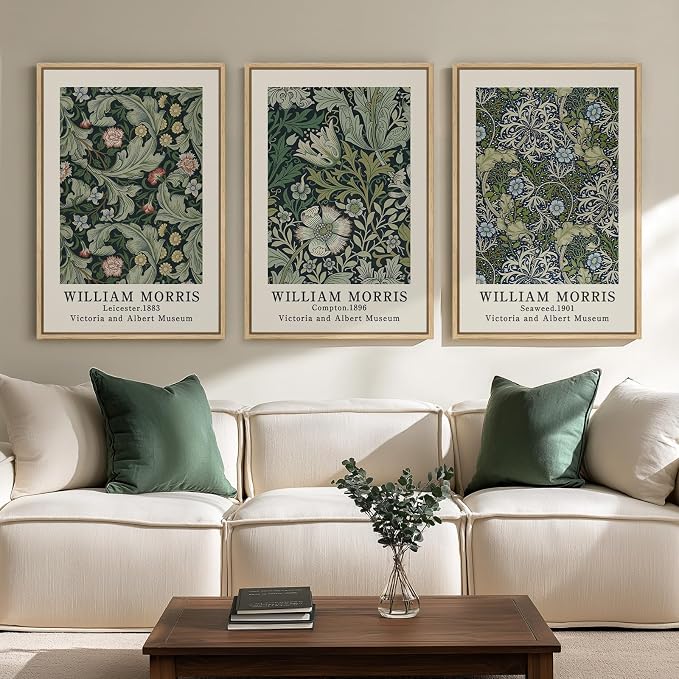 Large Framed William Morris Green Wall Art, 3 Piece Vintage Floral Canvas Prints by Cuspin